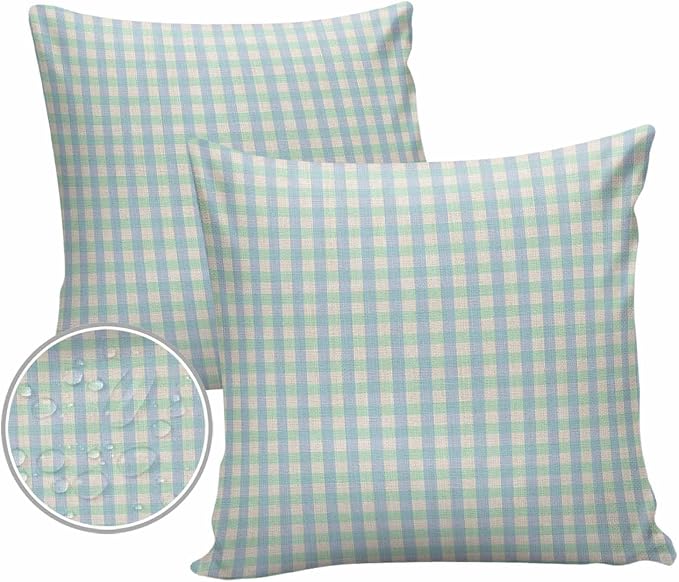 Outdoor Waterproof Throw Pillow Covers Set of 2 Buffalo Plaid Pillowcases 24x24 Inches Blue Linen Classic Checked Patio Decorative Pillows Cushion Case Patio Pillows for Couch Bed Chair Garden