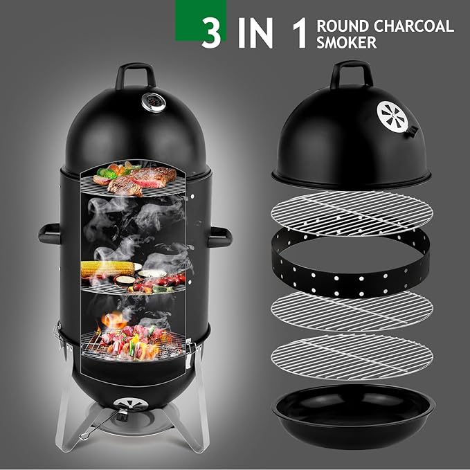 46.8" Vertical Steel Charcoal Smoker Grill,Heavy Duty BBQ Grills,Outdoor Camping Backyard Barbecue Grill,Metal Barbecue Smokers,with Thermometer,for Patio Garden Beach Porch Lawn Yard (Black)
