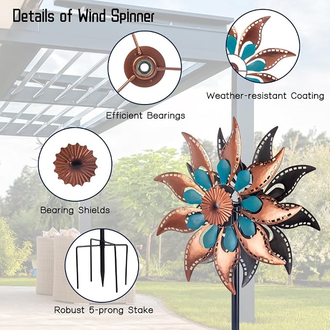 VEWOGARDEN Metal Wind Spinners Outdoor Kinetic Flower Wind Spinner for Outdoor Garden Lawn Patio Decorations, Antique Bronze & Blue