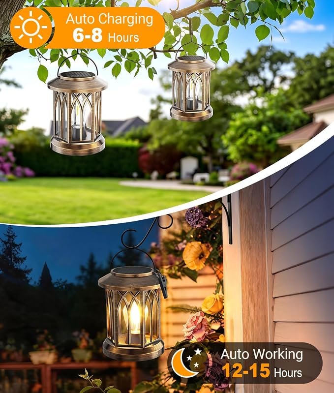 Solar Lantern Outdoor Lights with Metal Hooks, 6 Pack Upgraded Solar Lanterns Outdoor Waterproof, Hanging Solar Lights for Outside Decorative Yard Patio Path Porch Garden Decor(Antique Copper)