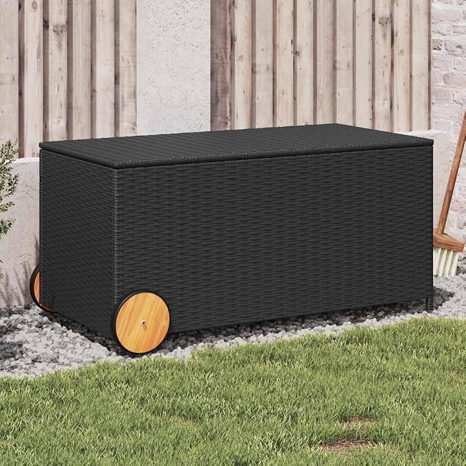 Garden Storage Box Black PE Rattan Outdoor Deck Box 50.4 Gallon Rectangular Wicker Chest with Wheels for Patio Cushions and Garden Tools 42.1 x 21.7 x 20.9 in