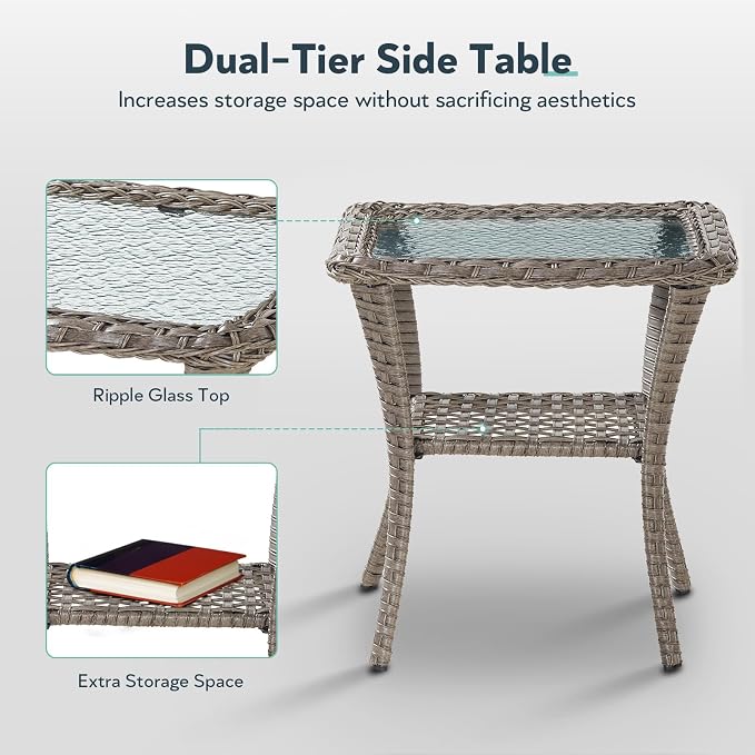 7 Piece Patio Furniture Set with Fire Pit Table - Wicker Patio Conversation Set with 4 Swivel Glider Chairs and 2 Tempered Glass Side Tables for Deck Backyard - Grey Wicker Blue Cushion