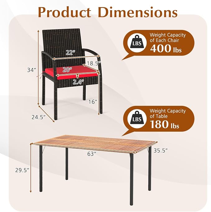HAPPYGRILL 7-Piece Patio Dining Set Outdoor Rattan Wicker Furniture Set with Umbrella Hole, Steel Frame, Acacia Wood Tabletop & Removable Cushions, for Backyard, Porch, Garden
