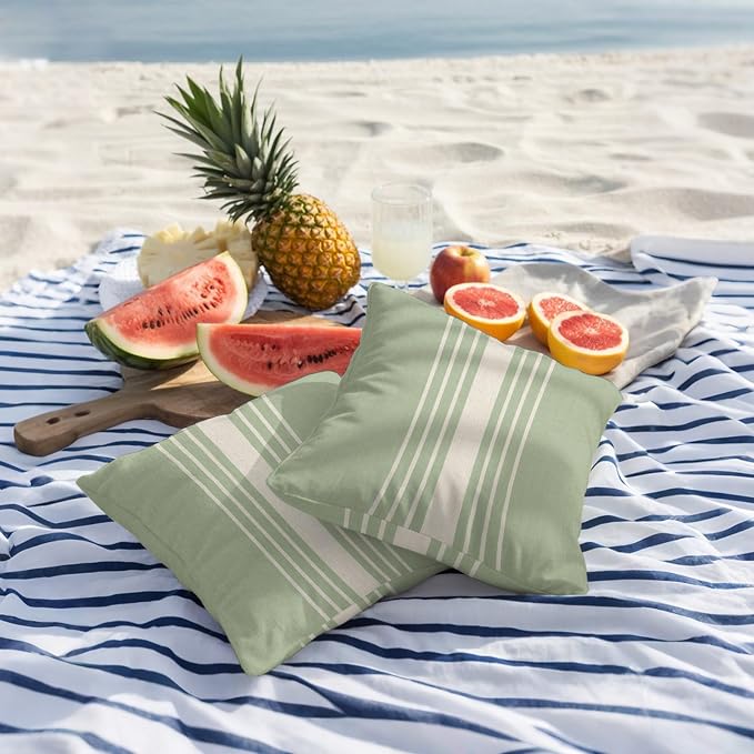 Sage Green Beige Striped Outdoor Pillow Covers 16x16 Inch Throw Pillow Covers Set of 2 Waterproof Decorative Pillow Cases Modern Farmhouse Retro Lines Cushion Covers for Patio Furniture Garden Couch