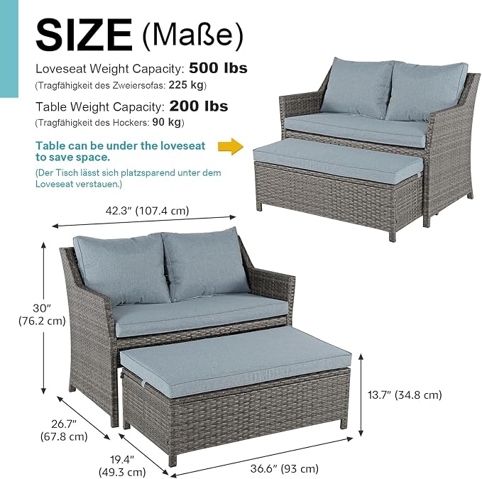 OC Orange-Casual 2-Piece Outdoor Patio Furniture Wicker Love-seat and Coffee Table Set, with Built-in Storage Bin, Grey Rattan, Grey Cushions