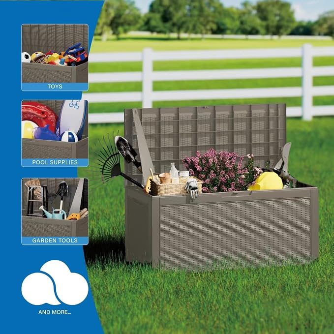 105 Gallon Waterproof Large Resin Deck Box Indoor/Outdoor Lockable Storage Container and Seating for Garden, Pool, and Patio