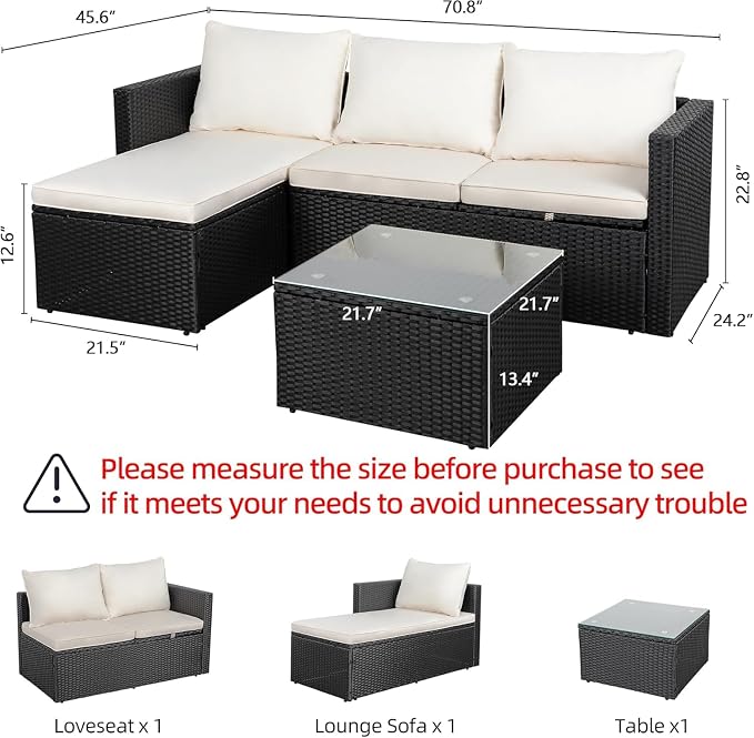 Shintenchi 4 Pieces Patio Furniture Set, 2-in-1 Convertible Sectional Sofa & Chaise Lounge, All-Weather Wicker Rattan Sofa Couch with Cushions & Coffee Table for Yard, Garden, Porch, Poolside (Beige)