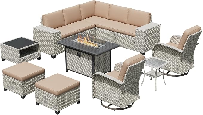 12-Piece Outdoor Patio Furniture Set with Fire Pit, Modular Sectional Sofa Set with Swivel Rocker Chairs & Ottomans, Wicker Outdoor Couch Conversation Sets w/Coffee Table and Cushions, Khaki