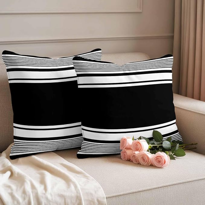 Outdoor Waterproof Throw Pillow Covers, Black Striped Decorative Pillow Cases, Modern Color Block Farmhouse Stripes Couch Pillow Protector Patio Sofa Cushion Covers Replacement 26"x26" 2 Pack
