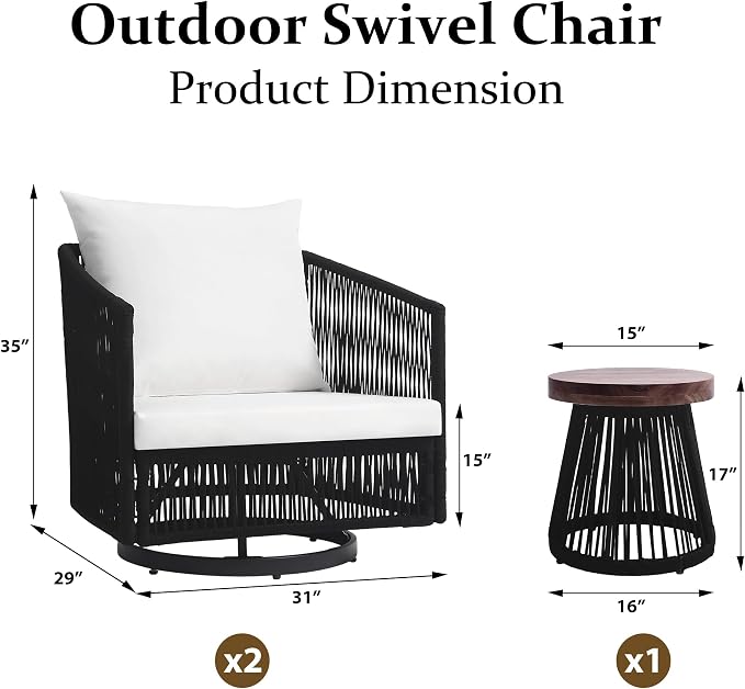 Outdoor Patio Furniture Set, 3 Pieces Outdoor Swivel Chairs with Coffee Table and Thick Cushion, Pe Wicker Rope Furniture Set for Entertaining, Balcony, Garden, Poolside, Black