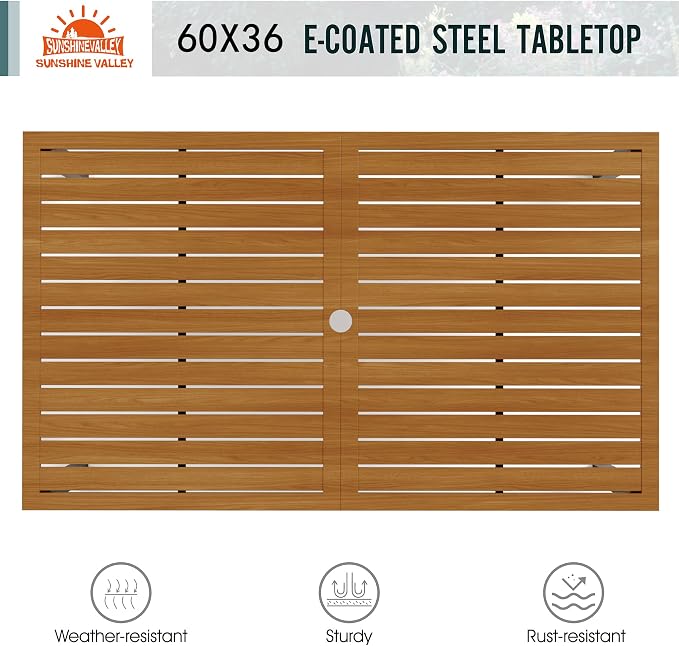 SUNSHINE VALLEY Patio Dining Set,Wood-Like Metal Table w/Umbrella Hole | 60x36 Table&6 Pcs Rust-Proof Stackable Chairs, Outdoor Table and Chairs Set for Backyard Garden Deck