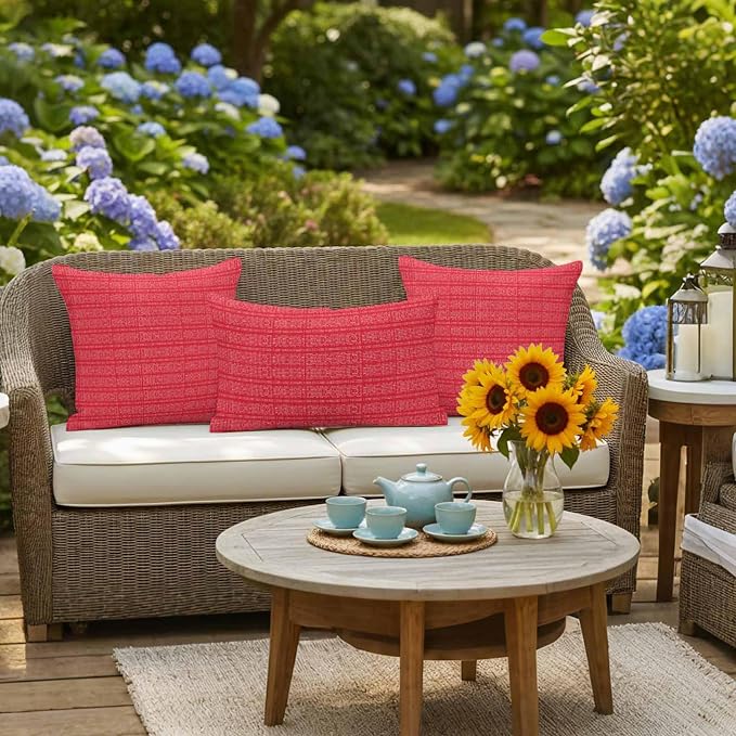 Outdoor Waterproof Throw Pillow Covers Set of 2 Red Stripes Grain Pillowcases 26x26 Inches Solid Color Decorative Pillows Cushion Case Patio Pillows for Couch Bed Chair Garden