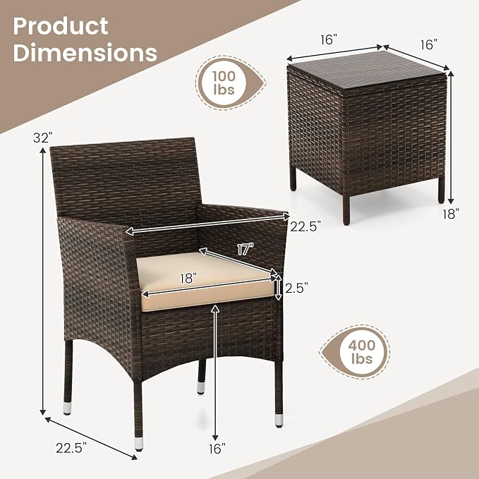 RELAX4LIFE 3-Piece Patio Furniture Set - Rattan Wicker Outdoor Conversation Set w/Cushions & Glass Coffee Table, Balcony Furniture for Porch Garden Backyard, Bistro Table and Chairs Set of 2 (Beige)