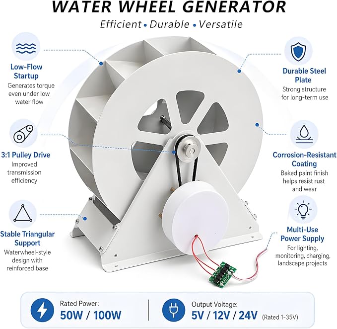 Water Wheel Generator,Quiet Working,50w/100w Low-Speed Hydro Generator,Steel Construction,for Fish Ponds, Rockeries & Outdoor Decoration 100W