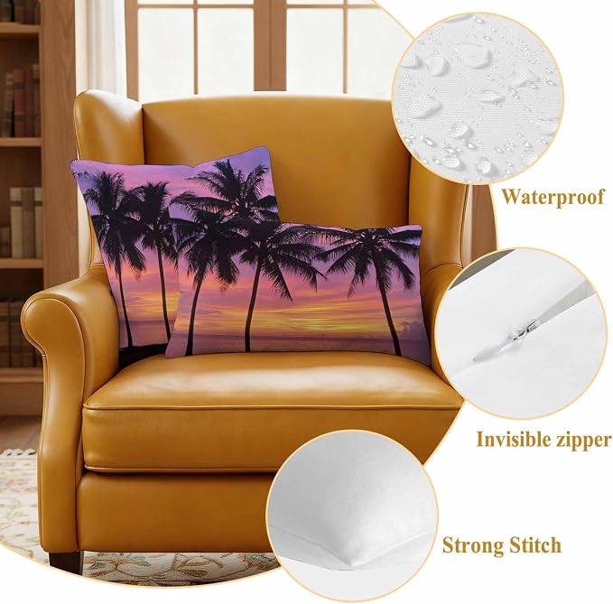 Ocean Sunset Waterproof Outdoor Pillow Covers Set of 2 Home Decor, Summer Seashore Palm Tree Gradient Sky Pillowcase Patio Pillow Covers for Couch Bench Furniture Garden 26x26in