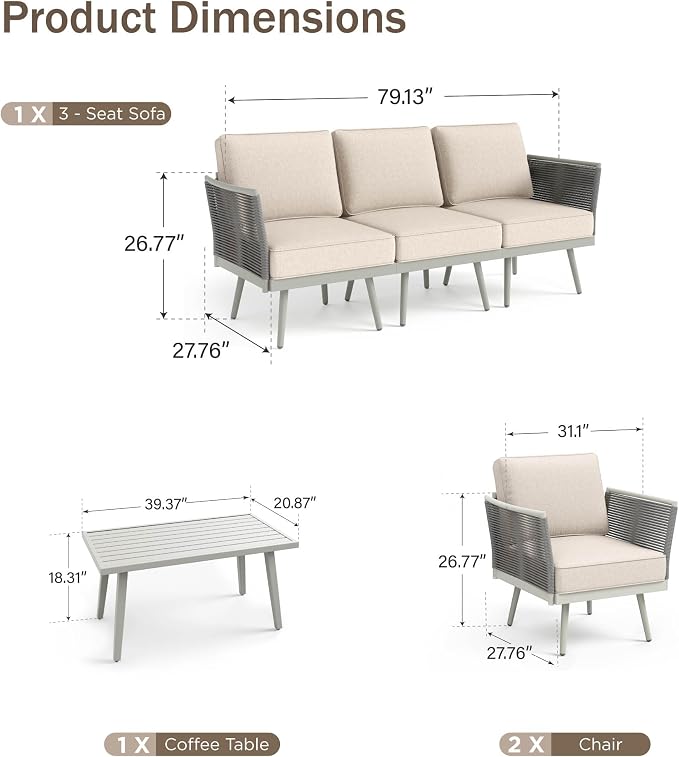 PHI VILLA 6-Piece Rope Rattan Patio Sectional Furniture Set,Modern Outdoor Conversation Set with Detachable Armrests and Grey Metal Frame,All Weather Patio Sofa with Coffee Table and Biege Cushions