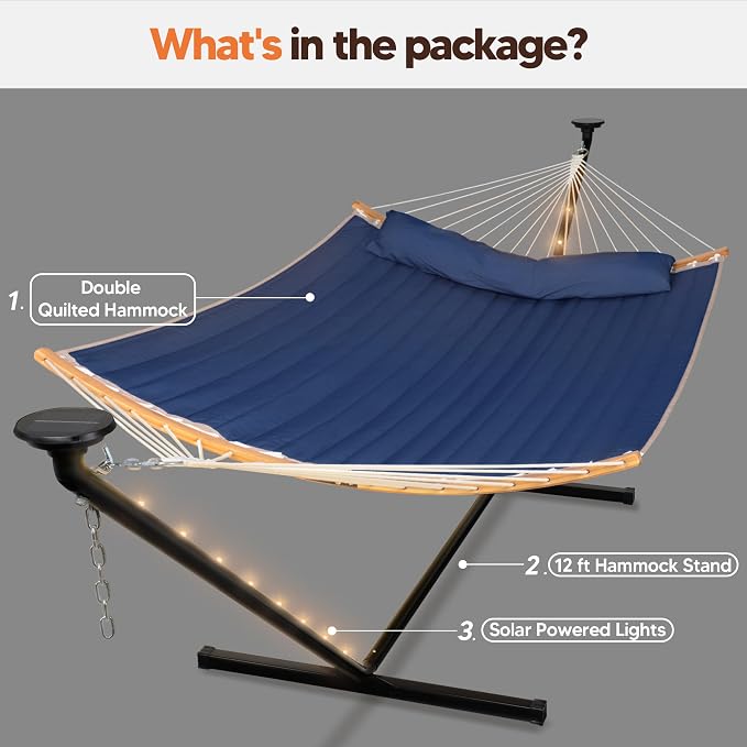 SUNCREAT Double Outdoor Hammock with 12 ft Stand, Solar Powered Lights, Portable 2 Person Hammock with Stand, Dark Blue