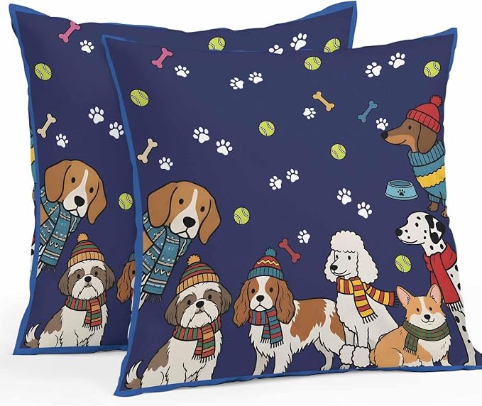 Cartoon Dogs Outdoor Pillow Covers 18x18 Inch Throw Pillow Covers Set of 2 Waterproof Decorative Pillow Cases Navy Blue Cute Animals Dogs Paws Prints Cushion Covers for Patio Furniture Garden Couch