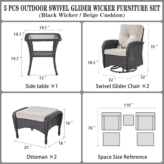Belord 5 Piece Swivel Rocker Glider Outdoor Chairs Set of 2 with Ottoman and Glass Side Table Patio Bistro Furniture Set, Comfort High Back Wicker Patio Conversation Set for Deck Porch Sunroom