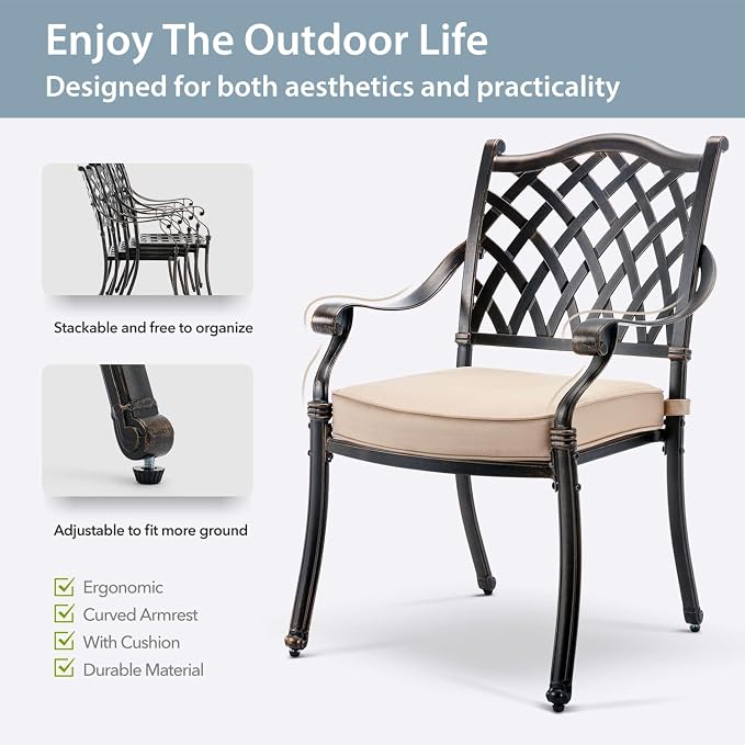 7-Pcs Cast Aluminum Patio Dining Set for 6, 54" Round Table,Bronze | Outdoor Furniture Set Include Dining Table and 6 Stackable Chairs with Cushions & Umbrella Hole