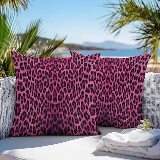 Vandarllin Outdoor Throw Pillows Covers 24x24 inch Set of 2 Waterproof Pink Leopard Print Decorative Zippered Cushion Covers for Patio Furniture, Retro Animal Fur Pattern Lumbar Pillowcases