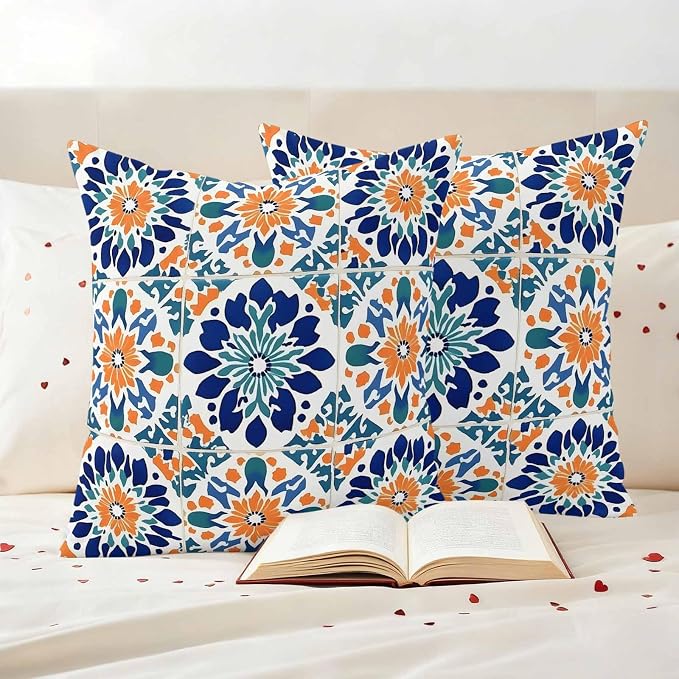 Retro Abstract Geometric Outdoor Pillow Covers Set of 2 Orange Blue Floral Texture Waterproof Throw Pillow Cover Decorative Cushion Cases for Patio Porch Garden 16X16 Inch