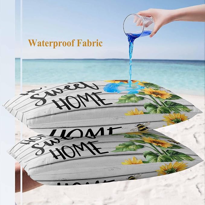 Lumbar Pillow Covers 20x12 Inch Set of 2, Yellow Sunflower Waterproof Outdoor Pillow Covers, Bee Wooden Grain Country Farmhouse Decorative Cushion Pillowcases for Couch, Sofa, Bed, Garden, Patio