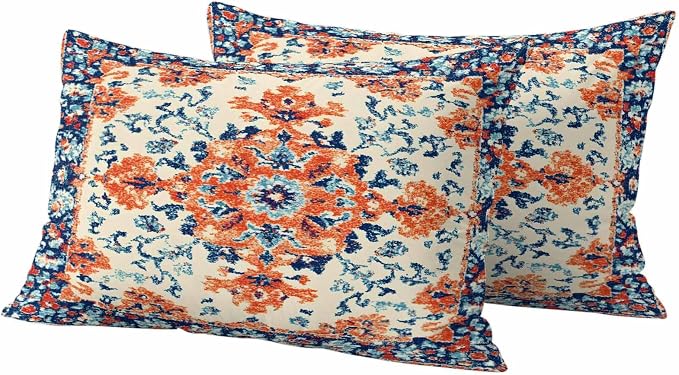 Retro Ethnic Leaves Outdoor Waterproof Throw Pillow Covers Set of 2, 20"x12", Flowers Orange Blue Texture Decorative Pillow Covers Outside Cushion Case for Patio Porch Garden