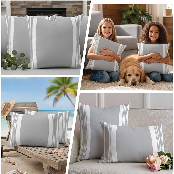 Farmhouse Grey Outdoor Waterproof Throw Pillow Covers 20x12 Set of 2, Aesthetic Modern Line Striped Decorative Pillowcases Cushion Pillowcase for Couch Sofa Patio Outside Pillow Protector
