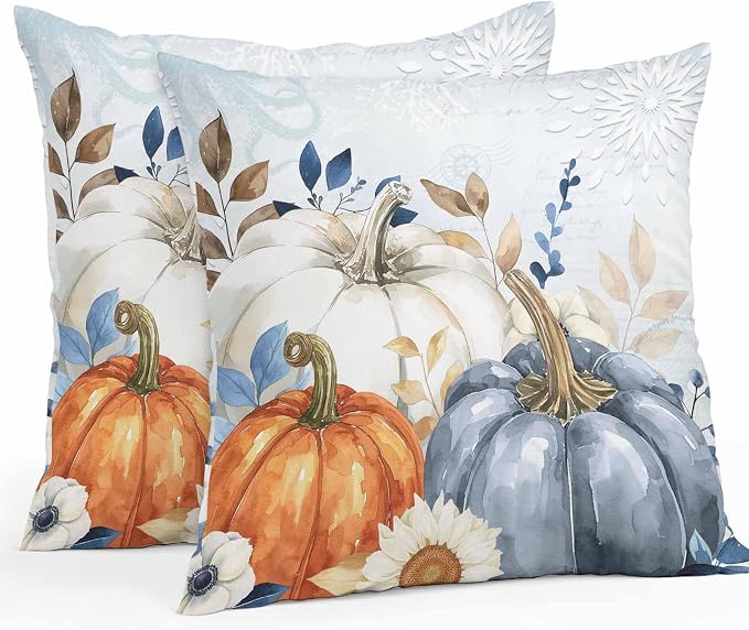Fall Outdoor Throw Pillows Covers 20x20 inch Set of 2 Waterproof Blue White Pumpkin Zippered Cushion Covers for Patio Furniture, Autumn Eucalyptus Leaf Floral Thanksgiving Lumbar Pillowcases