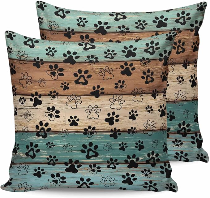 Outdoor Waterproof Throw Pillow Covers Set of 2 Dog Paw Pillowcases 16x16 Inches Pets Print Teal Brown Wood Grain Decorative Pillows Cushion Case Patio Pillows for Couch Bed Chair Garden