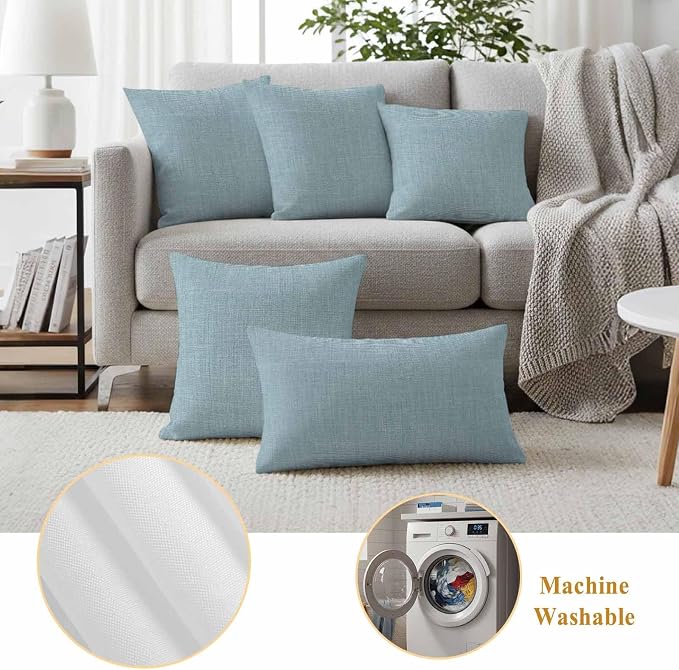 Outdoor Waterproof Throw Pillow Covers Set of 2 Blue Linen Pillowcases 16x16 Inches Farmhouse Pure Color Decorative Pillows Cushion Case Patio Pillows for Couch Bed Chair Garden