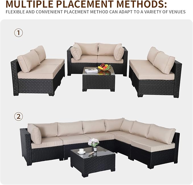 Valita 7 Pieces Outdoor Wicker Furniture Conversation Set Patio Sectional Sofa Set Glass Table with Non-Slip Cushions Furniture Cover, Khaki