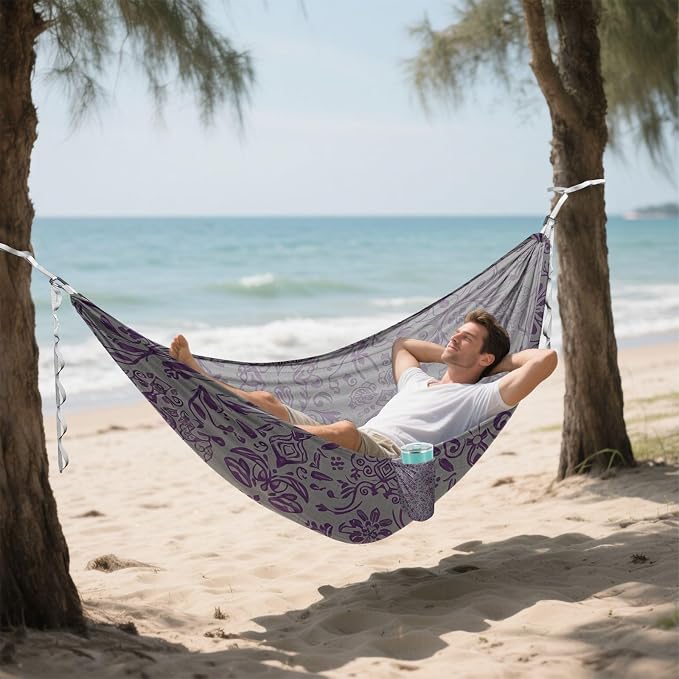 Grey Purple Pattern Camping Hammock, 330lbs Load Capacity, Comfortable Portable Hammock with Tree Straps for Outdoor, Backyard, Beac