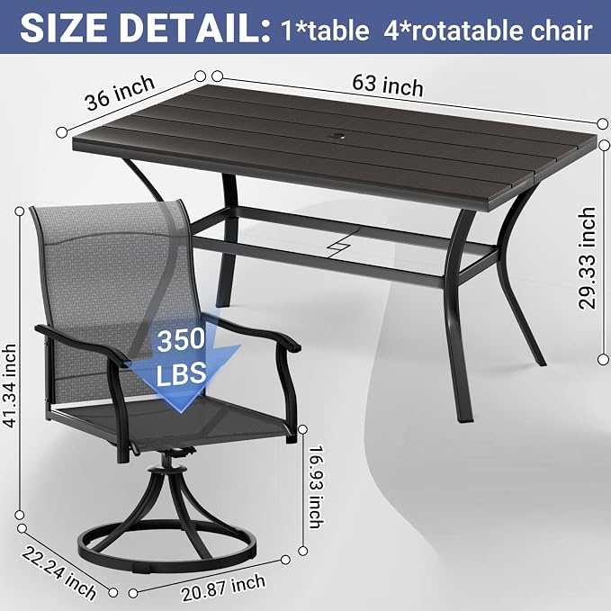 LEVELEVE 7 Piece Outdoor Patio Dining Set with 6 Swivel Dining Chairs & 1 Large Round Dining Table,Bistro Furniture Set for Lawn, Garden, Deck, Backyard and Porch