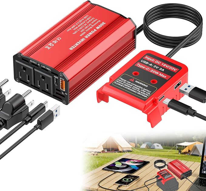 300W Power Inverter Compatible with Milwaukee M18 Battery, DC 18V to AC 110V Battery Converter with PD 65W Type-C Fast Charging & 20W USB-C, 2 AC Outlet & 2 USB-A Port Portable Power Station