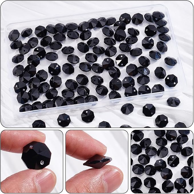 120Pcs Black 14mm Octagonal Crystal Beads 2 Holes Prism Beads Bulk Faceted Chandelier Parts Replacement Hanging Pendants Connector Suncatcher Spacers for DIY Lamp Hanging Ornament Jewelry