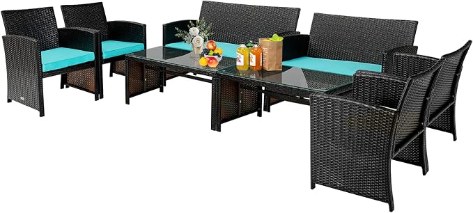 Tangkula 8 Pieces Rattan Furniture Set, Outdoor Conversation Set w/Chair & Loveseat & Tempered Glass Coffee Table, Suitable for Garden, Backyard, Poolside, Patio Furniture Set for 8 (2, Turquoise)