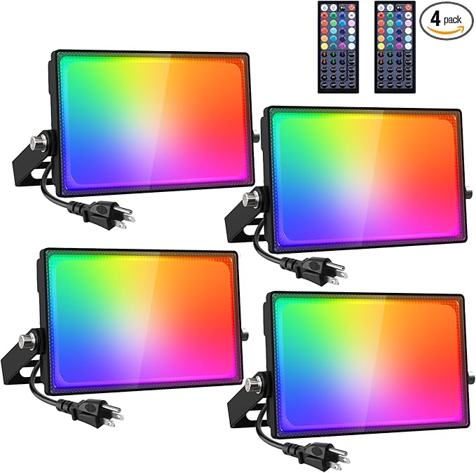 Onforu 4 Pack LED RGBW Flood Lights Outdoor 70W, 2700K Warm White Dimmable Million Color Changing Floodlight Waterproof with Remote, DIY Stage Lights Uplighting Indoor for Party