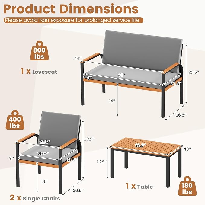 Tangkula 8 Pieces Patio Furniture Set, Outdoor Conversation Set with Acacia Wood Coffee Table, Cushioned Loveseat & 2 Single Armrest Chairs, for Porch, Garden, Backyard, Poolside