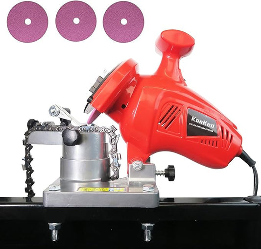 Electric Chainsaw Sharpener, 250W High-Speed Chain Grinder with Adjustable Angle, Heavy-Duty, Mountable, Red Sharpener for Chains from 1/4'' to 3/8'' Pitch