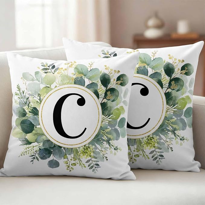 Letter C Waterproof Outdoor Pillow Covers Set of 2 Home Decor, Alphabet Green Eucalyptus Leaves Pillowcase Patio Pillow Covers for Couch Bench Patio Furniture Garden 18x18in
