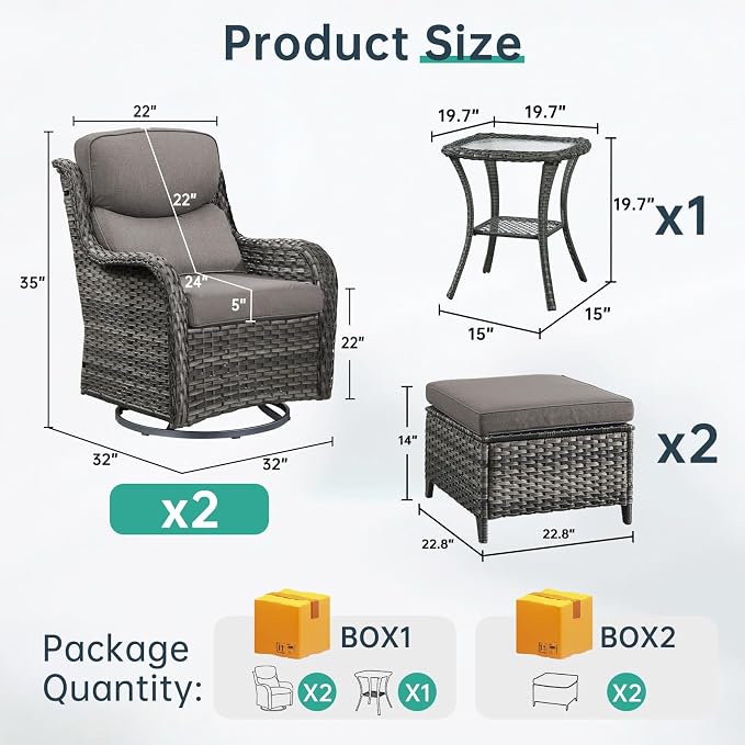Outdoor Swivel Rocker Patio Chairs with 2 Ottomans - 5" Thick Cushion 5 Piece Furniture Set All Weather Wicker Conversation Set with Side Table for Porch Poolside and Deck - Gray/Gray
