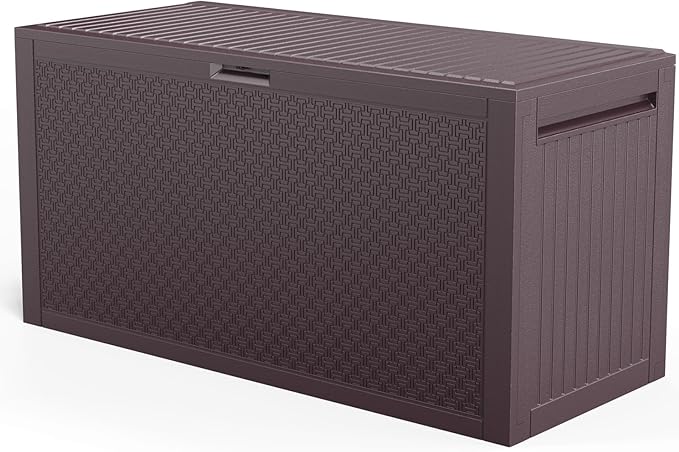 VINGLI 90 Gallon Outdoor Storage Box, Lockable Plastic Storage Containers with Lid, Patio Deck Box Furniture for Garden, Pool, Balcony, Yard (Brown)