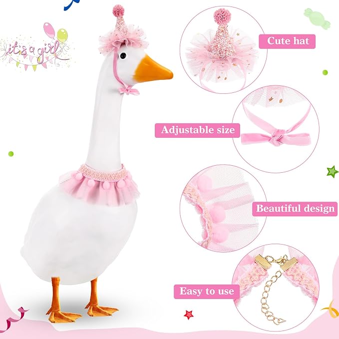 Birthday Porch Goose Outfit Lawn Clothes Hat and Tutu Collar Plastic Outfits for 23" 17" Cement Goose Outdoor Garden Lawn Art Decor(Light Pink,Star)