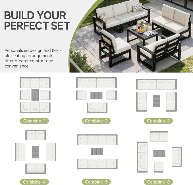 9-Piece Patio Furniture Set,HDPE Outdoor Furniture with Coffee Table,Outdoor Couch Sets with Cushions,Patio Sectional Sofas for Porch,Backyard,Deck,Black