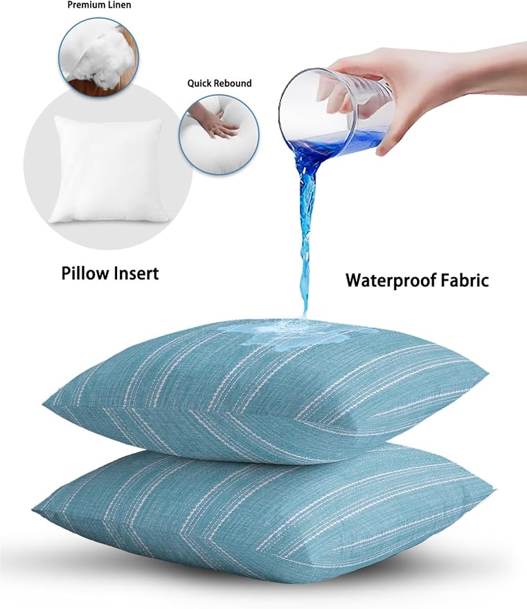 Waterproof Outdoor Pillow 1 Pack Blue Linen Stripes Decorative Throw Pillows Cover & Insert 18x18 Inch Pillowcase Parallel Vertical Lines Pillows for Couch Sofa Bed Patio Furniture Indoor Outdoor