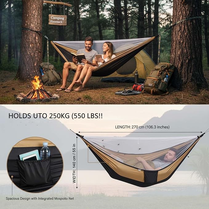 YSUEFIJO Outdoor Hammock with Mosquito Net, Comfortable Camping Hammock for Travel and Backyard, Foldable Portable Hanging Hammock, Breathable Fabric, Weight Capacity 250kg