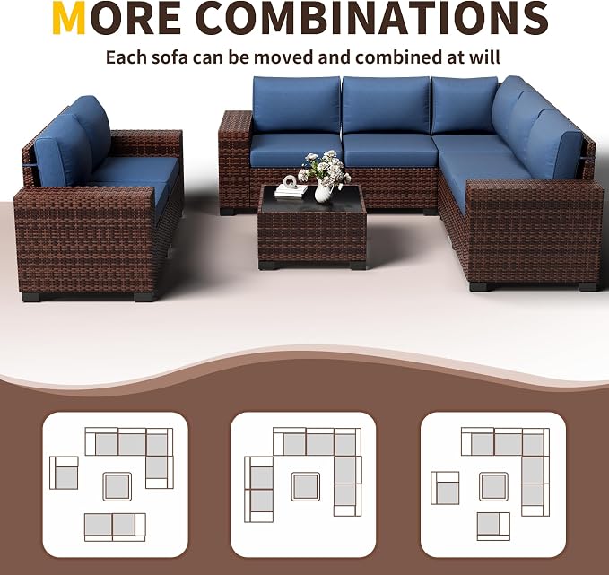 Outdoor Patio Furniture Set, 8‘’ Wide armrest Outdoor Sectional Rattan Sofa Set, Wicker Patio Furniture Sets w/Coffee Table,Thick Cushions for and Cover for Porch, Poolside,8 PCS(Brown&Blue)