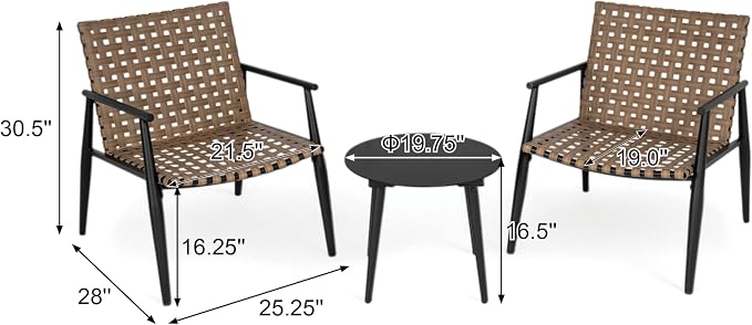 Christopher Knight Home Oakes Patio Table and Chairs Set, 3-Piece Patio Conversation Set, Outdoor Tempered Glass Table and PE Rattan Armchairs Set of 2, Garden/Poolside Reading Nook, Black+Brown